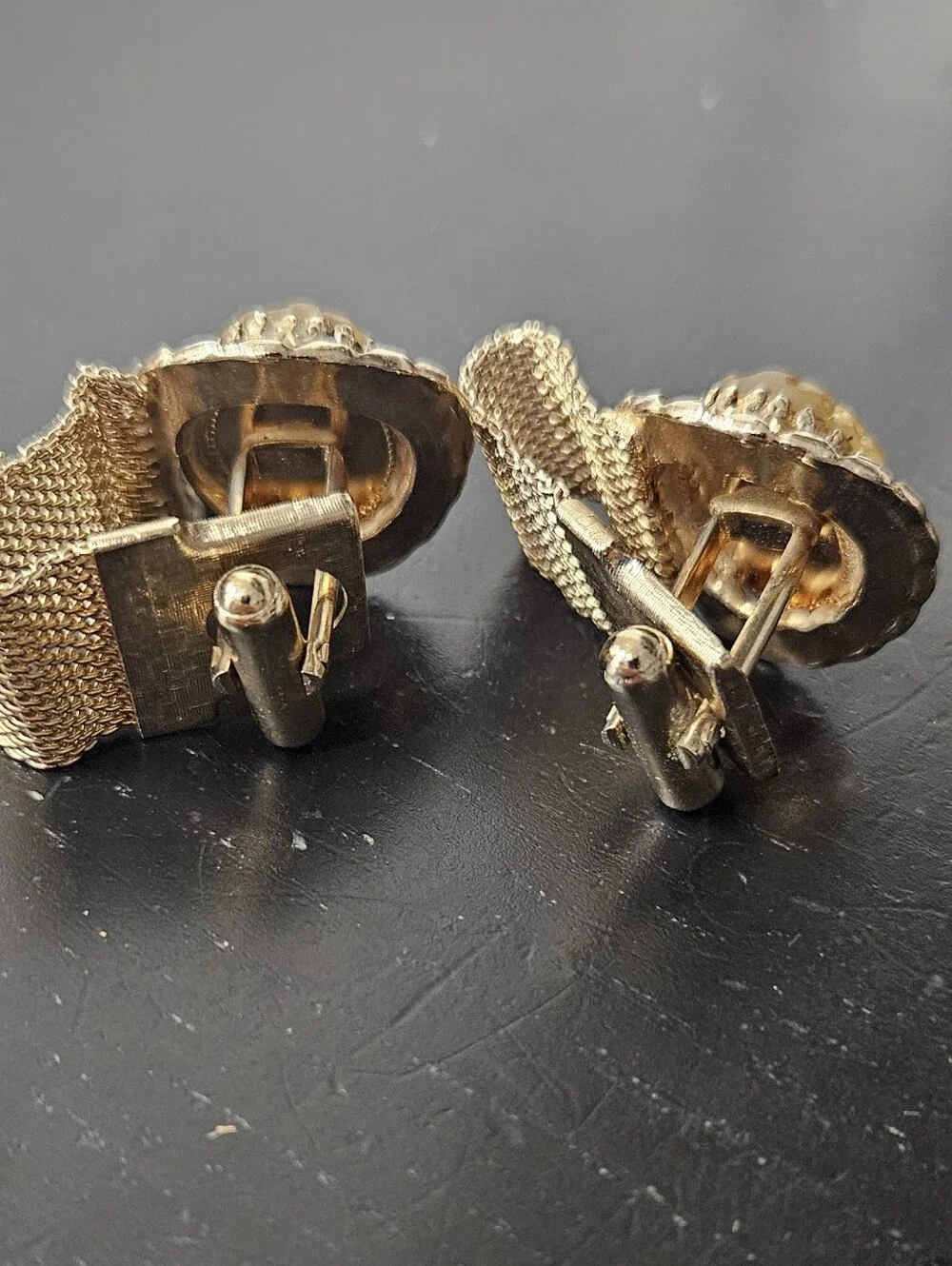 Vintage Gold Tone and Orange Faceted Plastic Oval Mesh Wrap Cuff Links